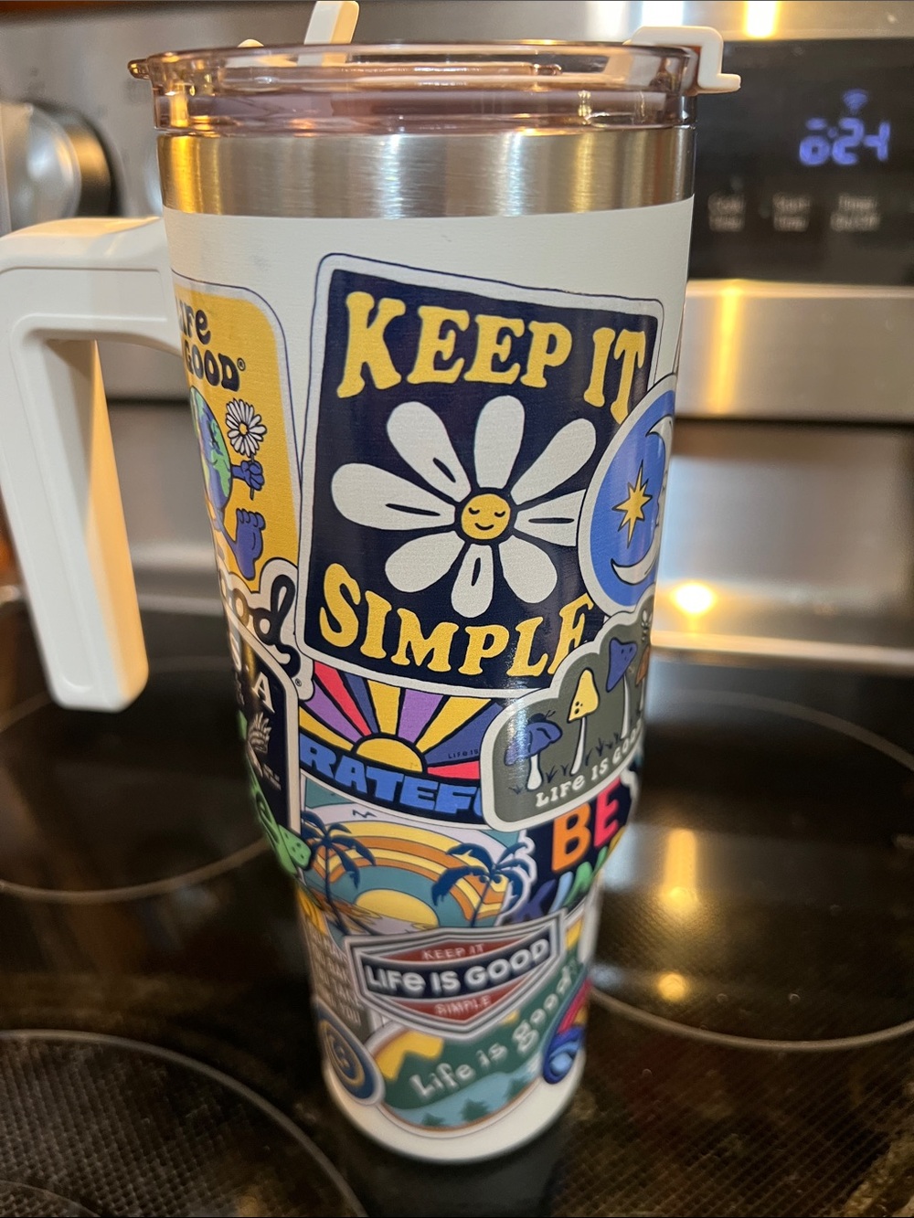 Life is Good Keep It Simple Daisy Sticker Travel Tumbler - Colorful Graphic